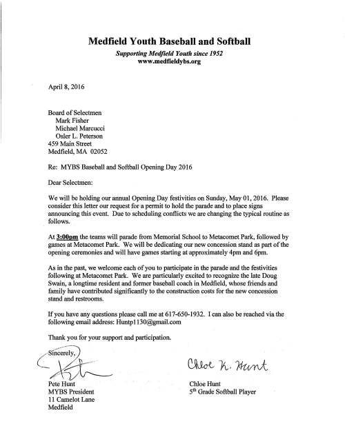 TOWN OF MEDFIELD MEETING NOTICE POSTED: TOWN CLERK n ' .. ~ ·~.·"~ rt"'"-i1.::·~:.i f"'····1 C'"'f).~ .. { POSTED IN ACCORDANCE WITH THE PROVISIONS OF M.G.L. CHAPTER'39''SECTION 23A AS AMENDED. Board of Selectmen Board or Committee PLACE OF MEETING DAY, DATE, AND TIME Town Hall Chenery Meeting Room, 2nd floor Tuesday April 19, 2016@ 7:00 PM AGENDA (SUBJECT TO CHANGE) PENDING Bay Circuit Trail relocation Vote to sign contract regarding "Solarize Massachusetts" program Final review 2016 warrant articles NEW BUSINESS Request vote to sign Chapter 90 Reimbursement Request (2) LICENSES & PERMITS Request to place sandwich boards promoting the annual Medfield Food Cupboard drive in conjunction with the Post Office Medfield Green requests permission to place signs advertising "May is Medfield Green Month at The Transfer Station" The Christina Clarke Genco Foundation requests permission for a fundraising bike ride through a portion of Medfield on Sunday May 8, 2016 Medfield Youth Baseball & Softball organization request the annual Opening Day parade permit for Sunday May 1, 2016. The Selectmen: are invited to participate in the parade. Other business that may arise Signature Date To: From: Date: Re: MEDFIELD STATE HOSPITAL MASTER PLANNING COMMITTEE Board of Selectmen Stephen Nolan, Chair, MSHMPC April 7, 2016 Bay Circuit Trail Relocation At the duly posted meeting of the Medfield State Hospital Master Planning Committee on February 17, 2016, the Committee approved a motion to accept the Bay Circuit Trail (BCT) plans for a trail adjustment across Hinckley and along Ice House Road knowing that future development may impact the trail' s location. The Committee heard a presentation by William Comery, Medfield resident and local volunteer for Bay Circuit Trail. He informed the Committee that BCT has approached the town to reroute a section of the trail to cross the Hinkley property, which abuts the senior center. Such trail section would be moved from the dirt road beside Ice House Lane. into the grove of pine trees along the fence line. An aerial map was provided to the Committee showing the proposed change. BCT is only seeking verbal permission to move this section of the trail, knowing that a future adjustment might be required depending on development plans for the Hinkley property. Following Q & A, a motion was made by Gil Rodgers with a second from Ralph Costello that the Committee accept BCT' s proposed plan knowing that future development may impact the location of the trail and require further relocation. The Committee voted unanimously in favor of the motion. CHAPTER 90 - REIMBURSEMENT REQUEST MEDFIELD Project:_ ______MA _C_G_U_7_12 _~ --- Project request was approved on 7/27/2015 for $141,500.00 ~~~~~~~~~~~~~ at 100% Reimbursement Rate = $ 141,500.00 ~-'-~~~~~~~~~~- 1) Attached are forms which document payment of approved expenditures totaling $141,500.00 ~-'-~~~~~~~~~ for which we are requesting $141,500.00 at the approved reimbursement rate of 100%. 2) The amount expended to date on this project is $141,500.00 ~-'-~~~~~~~~- 3) Is this request for a FINAL payment on this project? lj] Yes D No 4) Remarks: CERTIFICATION A. I hereby certify under the pains and penalties of perjury that the charges for labor, materials, equipment, and services itemized and summarized on the attached forms are true and correct, and were incurred on this project in conformance with the MassDOT Highway Division Policies and established Municipal Standards that were approved for this project. J _,..' /7 . .-4:;..·-==-~ . ;-' l C.1i/ 1 .1f' / ' ( ,.- - )7 "'~- "....,.,, ,;::::-2 ,.) '' / :: / ' / " /1--~ ":'.'> -,. . /:::.,'"J{.1-.) C/.,./j'_/.,. ' .., /~,/ ~.: .·-·, ~ (.2./P...-·.'11~ -!-/''./~