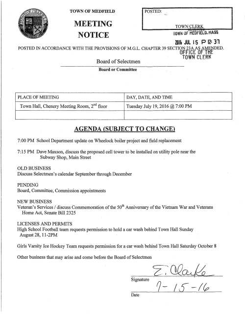 TOWN OF MEDFIELD MEETING NOTICE I POSTED: rowN OF MEOflELO. MASS. 2Dlh JUL rs • P 12: lrt POSTED IN ACCORDANCE WITH THE PROVISIONS OF M.G.L. CHAPTER39 SECTION 23A AS AMENDED. OFFICE OF ·THE Board of Selectmen TOWN CLERt< Board or Committee PLACE OF MEETING DAY, DA TE, AND TIME Town Hall, Chenery Meeting Room, 2nct floor Tuesday July 19, 2016@ 7:00 PM AGENDA (SUBJECT TO CHANGE) 7:00 PM School Department update on Wheelock boiler project and field replacement 7:15 PM Dave Maxson, discuss the proposed cell tower to be installed on utility pole near the Subway Shop, Main Street OLD BUSINESS Discuss Selectmen's calendar September through December PENDING Board, Committee, Commission appointments NEW BUSINESS Veteran's Services I discuss Commemoration of the 50th Anniversary of the Vietnam War and Veterans Home Act, Senate Bill 2325 LICENSES AND PERMITS High School Football team requests permission to hold a car wash behind Town Hall Sunday August 28, 1 l-2PM Girls Varsity Ice Hockey Team requests permission for a car wash behind Town Hall Saturday October 8 Other business that may arise and come before the Board of Selectmen Signature 1- 1£-l EXISTING SECONDARY POWER TO POLE ACROSS STREET PROPOSED 60A FUSED DISCONNECT & SURGE ARRESTOR GROUND LEVEL ELEV.~ O'± (AGL) 180'± (AMSL) 5' -8.5' (AGL) IN ACCORDANCE WITH UTIUTY COMPANY REQUIREMENTS ELEVATION 11x17 SCALE: 1"=5' 22x34 SCALE: 1 "=2.5' LE-2 PROPOSED (1) ANTENNA 15.1"t;!l x 24.2"H PROPOSED 3 FT.± FIBERGLASS POLE-TOP EXTENSION MOUNT L EXISTING SECONDARY POWER TO BUILDING EXISTING COMM WIRES c EXJSTJNG TELCO TO BUILDlNG UU EXISTING CUMBING PEGS 5 (ALTERNATING SIDES) PROPOSED CONDUIT (COAX FROM RRH) PROPOSED CONDUIT (FIBER) PROPOSED (1) 1/2" COAX PROPOSED AC/DC CONVERTER q; MOUNTED BEHIND RRH ~ PROPOSED (1) 70DMHz RRH@ PROPOSED SAR-0 @ MOUNTED BEHIND RRH 4 LE-3 1--EXISTING UTILITY POLE #6X GROUND ROD 2.5 0 - ".J'~t=' 2tg ~ -f-109:: -oC-Jo=> - w 5 = AN ANALYSIS OF THE CAPACITY OF THE EXISTING STRUCTURE TO SUPPORT THE PROPOSED LOADING HAS NOT BEEN COMPLETED BY PROTERRA DESIGN GROUP, lLC. DRAWINGS ARE SUBJECT TD CHANGE PENDING THE OUTCOME OF A STRUCTURAL ANALYSIS. PHOTO DETAIL SCALE' N.T.S. l fA3E EXHIBIT THIS LEASE IS SCHEMATIC IN NATURE AND IS INTENDED TO PROVIDE GENERAL INFORMATION REGARDING THE LOCATION AND SIZE OF THE PROPOSED WIRELESS COMMUNICATION FACILITY. THE SITE LAYOUT WILL BE FINALIZED UPON COMPLETION OF SITE SURVEY AND FACILITY DESIGN. IMAGE SOURCE' PROTERRA 05/07/15 (2 ~ 1- iii :c xw w en