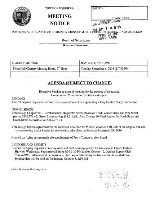 TOWN OF MEDFIELD POSTED: MEETING TOWN CLERK NOTICE 1QltN Of HEOfELO. l'A . . St.> .-  A () 2lt . POSTED IN ACCORDANCE WITH THE PROVISIONS OF M.G.L. cJl~TER 39 SEC1fR~ 23A AS AMENDED. OffC~ 8[t.R