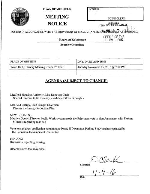 TOWN OF MEDFIELD MEETING NOTICE I POSTED: TOWN CLERK t