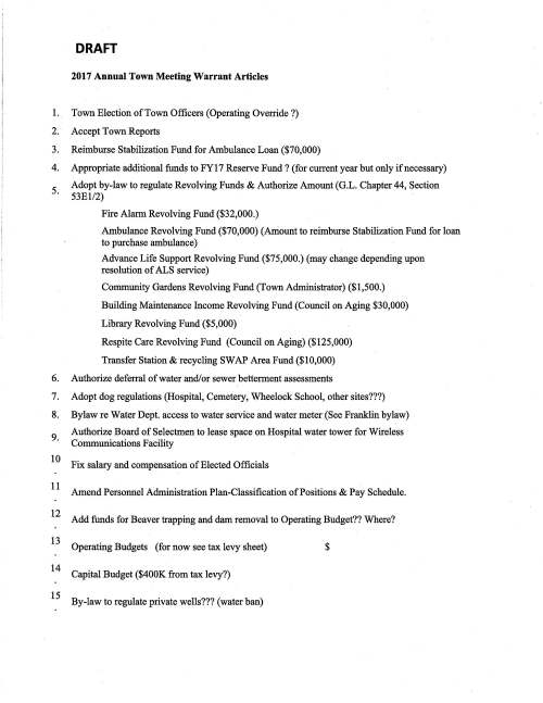 1. 2. 3. 4. 5. 6. 7. 8. 9. 10 11 12 13 14 15 DRAFT 2017 Annual Town Meeting Warrant Articles Town Election of Town Officers (Operating Override ?) Accept Town Reports Reimburse Stabilization Fund for Ambulance Loan ($70,000) Appropriate additional funds to FYl 7 Reserve Fund? (for current year but only if necessary) Adopt by-law to regulate Revolving Funds & Authorize Amount (G.L. Chapter 44, Section 53El/2) Fire Alarm Revolving Fund ($32,000.) Ambulance Revolving Fund ($70,000) (Amount to reimburse Stabilization Fund for loan to purchase ambulance) Advance Life Support Revolving Fund ($75,000.) (may change depending upon resolution of ALS service) Community Gardens Revolving Fund (Town Administrator) ($1,500.) Building Maintenance Income Revolving Fund (Council on Aging $30,000) Library Revolving Fund ($5,000) Respite Care Revolving Fund (Council on Aging) ($125,000) Transfer Station & recycling SW AP Area Fund ($10,000) Authorize deferral of water and/or sewer betterment assessments Adopt dog regulations (Hospital, Cemetery, Wheelock School, other sites???) Bylaw re Water Dept. access to water service and water meter (See Franklin bylaw) Authorize Board of Selectmen to lease space on Hospital water tower for Wireless Communications Facility Fix salary and compensation of Elected Officials Amend Personnel Administration Plan-Classification of Positions & Pay Schedule. Add funds for Beaver trapping and dam removal to Operating Budget?? Where? Operating Budgets (for now see tax levy sheet) $ Capital Budget ($400K from tax levy?) By-law to regulate private wells??? (water ban) DRAFT 16 Street acceptance for portions of Erik Rd & Quarry Rd (fourth time) 17 Appropriate funds for Maintenance of State Hospital Property 18 Create Revolving fund for MSH (was set up as stabilization and should be revolving) 19 Appropriate funds for State Hospital Consultants 20 Appropriate funds for Design (and Construction) of Iron/Manganese Treatment Facility (Water enterprise) (authorize bonding?) 21 Authorize the Board of Selectmen and/or Affordable Housing Trust to lease/dispose of Lot 7 for senior housing. 22 Appropriate funds to the OPEB Trust (should we put in insurance budget?) 23 Appropriate to Sewer Betterment Paid in Advance to Sewer Betterment Stabilization Fund (Town Administrator) 24 Appropriate to Sewer Betterment Paid in Advance to Sewer Betterment Stabilization Fund (Town Administrator) 25 Appropriate Funds for Phase II Parking Study (EDC/Downtown) 26 Appropriate Funds to prepare Master Plan (Master Plan Committee/Board of Selectmen) 27 Appropriate funds for Downtown Improvements (portion of local meals tax receipts) 28 Accept portion ofVinald Road from Cottage Street to Mitchell St as a right-of-way 29 Appropriate funds and authorize bonds for Park & Recreation Facility including project manager & architect 30 Vote to increase amount of tax work-off program to $1,000 (Council on Aging) (increases amount of overlay) 31 Supplement each prior vote Authorizing borrowing to pay costs of capital projects (Treasurer/Collector) 32 Amend Zoning Bylaw (Planning Board) 33 To mitigate impact oflarge single, two and multi-family dwellings (at least 11 amendments) 34 To provide for inclusionary zoning 35 Amend Code of Medfield Regulations by adding a new section establishing the Medfield Affordable Housing Trust DRAFT 36 Amend the Table of Area Regulations for Retail sales of recreational marijuana 37 Amend Code of Medfield Regulations by adding a new section regulating and/or taxing recreational marijuana 38 Vote to name the bridge crossing Mill Brook at Elm Street the "Colonel Douglas C. MacKeachie Bridge 39 Rail Trail Study Committee 40 Authorize Board of Assessors to use Free Cash to reduce tax rate