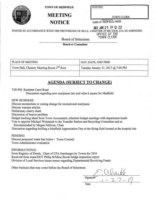TOWN OF MEDFIELD MEETING NOTICE POSTED: TOWN CLERK f.;.vf:,I Y .... ~ rowN Of MEDFIELD. MASS ZOil JAN 21 P 12: 22 POSTED IN ACCORDANCE WITH THE PROVISIONS OF M.G.L. CHAPTER 39 SECTION 23A AS AMENDED. OFFICE OF THE Board of Selectmen TOWN CLERK Board or Committee PLACE OF MEETING DAY,DATE,ANDTIME Town Hall, Chenery Meeting Room 2nd floor Tuesday January 31, 2017@7:00 PM AGENDA (SUBJECT TO CHANGE) 7:00 PM Resident Carol Read Discussion regarding new marijuana law and what it means for Medfield NEW BUSINESS Discuss moratorium or zoning change for recreational marijuana Discuss warrant articles Preliminary cherry sheet Discussion of beaver problem Budget tracking sheet from Town Accountant; schedule budget meetings with department heads Vote to appoint Michael Weintraub to the Transfer Station and Recycling Committee and as Recommended by Megan Sullivan, Chair Discussion regarding holding a Medfield Appreciation Day at the flying field located at the hospital site PENDING Discuss proposed water ban bylaw I Town Counsel Town Administrator evaluation INFORMATIONAL ·From Registry of Deeds, Chart of CPA Surcharges by Towns for 2016 Received from mass/DOT Philip St/Mine Brook bridge inspection report Division of Local Services issues memo regarding Departmental Revolving Funds Other business that may come before the Board of Selectmen Signature I _ 7-- 7 _ ( 7 Date TOWN OF MEDFIELD FISCAL YEAR 2018 WARRANT COMMITTEE TRACKING SHEET WARR COMM WARR COMM Appropriated DEPT REQUEST RECOMMENDA Tiet % ::lRG CODE DEPARTMENT MEMBER FY2017 FY2018 FY2018 Iner min cr/)decr) 01-912 Workers Comoensation Ins Nugent $ 262,937 $ 262,937 0.00% $ - 01-914 Life Nuaent $ 11,554 $ 11,275 -2.41% $ 1279) 01-914 Health Nugent $ 3,984,889 $ 4, 191,016 5.17% $ 206, 127 01-945 Proo & Liability Nuaent $ 170,000 $ 170,000 0.00% $ - 01-945 Fire & EMT Med/Disb Nugent $ 20,000 $ 22,000 10.00% $ 2,000 01-945 Indemnification-Retired Police Nugent $ 8,000 $ 8,000 $ - 0.00% m - TOTAL INSURANCE $ 4,457,380 $ 4,665,228 $ - 4.66% $ 207,848 01-913 Unemolovment Como 30 000 30,000 0.00% $ - 01-916 Medicare/Fed Mandates Skloff 454,000 476,700 5.00% $ 22,700 01-911 County Retirement Skloff 2, 125,479 2,354, 129 - 10.76% m 228,650 SUB-TOTAL TN & SCHL EMPLOYEE BENEFITS 7,066,859 7,526,057 - 6.50% $ 459,198 01-710 Town Debt - Princioal Skloff 4,845 833 4,902,352 1.17% $ 56,519 01-751 Town Debt - Interest Skloff 1,946,228 1,761 451 - -9.49% m (184 777) SUB-TOTAL DEBT $ 6,792,061 $ 6,663,803 $ - -1.89% $ (128,258) 01-122 Selectmen Gios 11,025 11,025 0.00% $ - 01-123 Town Administrator Festa 947,311 886,091 -6.46% $ 161,220) 01-131 Warrant Committee Gios 300 300 0.00% $ - 01-134 Town Accountant Skloff 151,295 210,051 38.84% $ 58,756 01-141 Assessors Skloff 110,899 114,767 3.49% $ 3,868 01-145 Treasurer/Tax Collector Ski off 176,407 177, 162 0.43% $ 755 01-151 Town Counsel Tatro 84,741 111,038 31.03% $ 26,297 01-152 Human Resource Tatro 1,944 1,900 -2.26% $ (44) 01-155 Information Technology Tatro 161,717 164,267 1.58% $ 2,550 01-161 Town Clerk/Election Reaistrn Marble 100,912 92,738 -8.10% $ (8,174) 01-171 Conservation Comm. Marble 41,672 41,672 0.00% $ - 01-175 Plannina Board Tatro 96,126 96,376 0.26% $ 250 01-176 Zoning Board of Appeals Tatro 5,000 5,000 0.00% $ - 01-192 Tn Hall/Publ Bldas+Proo Maint Wolfe 301,973 -100.00% $ (301,973) 01-195 Town Report/Meeting Gips 9,300 9,300 0.00% $ - 01-210-1 Police Admin/Public Safetv Blc Athanasiadis/Wolfe 162,725 184,647 13.47% $ 21,922 01-210-2 Police Operations Athanasiadis/Wolfe 2,458,726 2,561,703 4.19% $ 102,977 01-210-4 Traffic Markinas/Sians Athanasiadis 68,000 68,324 0.48% $ 324 01-220-6 Fire & Rescue Administration Athanasiadis/Wolfe 152,962 153,162 0.13% $ 200 01-220-7 Fire & Rescue Ooerations Athanasiadis/Wolfe 869,487 872 787 0.38% $ 3,300 01-241 Inspection Dept Wolfe 133,640 134, 165 0.39% $ 525 01-244 Sealer Marie 2,817 2,832 0.53% $ 15 01-292 Animal Control Officer Athanasiadis 105,466 105,666 0.19% $ 200 01-294 Tree Care Nugent 65,761 66,278 0.79% $ 517 01-422 Hiahwav Nuaent 1,297,994 1,297,439 -0.04% $ (555) 01-423 Snow & Ice Nuaent 289,036 291,266 0.77% $ 2,230 01-424 Street Liahts Wolfe 48,260 48,260 0.00% $ - 01-425 Town Garage Nuaent - - #DIV/01 $ - 01-426 Eauio. Reoair/Main. Nugent 291,789 289,606 -0.75% $ 12,183) 01-429 Sidewalks Nuaent 30,000 30,000 0.00% $ - 01-430 Public Works/Utilities Nugent 97,251 101,514 4.38% $ 4,263 01-433 Solid Waste Disposal Nuaent 572,946 590,696 3.10% $ 17,750 01-491 Cemeterv .. Nuaent 177,050 181,779 2.67% $ 4,729 1/27/2017 we Trckg Sht FY18 WARR COMM WARR COMM Appropriated DEPT REQUEST ~ECOMMENDA Tim % ORG CODE DEPARTMENT MEMBER FY2017 FY2018 FY2018 Iner ~ incr/)decr) 01-512 Board of Health Marble $ 55,321 $ 55,321 0.00% $ - 01-522 Public Health Marble 10,921 10,921 0.00% $ - 01-523 Mental Health Marble 7,988 7,988 0.00% $ - 01-541 Council on Aging Gips 241,936 232,641 -3.84% $ (9,295) 01-543 Veterans Marie 66,360 85,950 29.52% $ 19,590 01-599 Outreach Marble 148,305 148,355 0.03% $ 50 01-610 Librarv Gios 740,515 755,431 2.01% $ 14,916 01-630 Park & Recreation Wolfe 331,756 341,400 2.91% $ 9,644 01-650 Historical Commission Gios 1,500 1,500 0.00% $ - 01-692 Grave Markers/Flaas Marie 2,000 2,000 0.00% $ - 01-693 Memorial DavNeterans Dav Skloff 2,320 2,020 -12.93% $ (300) 01-699 Arts/Cultural Council Marble 4,600 4,600 0.00% $ - 01-996 Stabilization Fund Festa 200,000 200,000 0.00% $ - 01-997 Reserve Fund Festa 150,000 150,000 0.00% $ - SUB-TOTAL TOWN $ 10,988,054 $ 10,899,938 $ - -0.80% $ (88, 116) 60-410 Water Department Marie 881,361 952,956 8.12% $ 71,595 61-420 Sewer Deoartment Marie 1,087,728 1,119,939 2.96% $ 32,211 SUB-TOTAL WATER & SEWER ENTERPRISE $ 1,969,089 $ 2,072,895 $ - 5.27% $ 103,806 01-301 School, Vocational Tatro 131,441 131,441 0.00% $ - 01-910 etc Schools Glps,Tatro,Marie 31,577,149 33,574,267 6.32% $ 1,997,118 SUB-TOTAL EDUCATION $ 31,708,590 $ 33,705,708 $ - 6.30% $ 1,997,118 TOTAL OPERATING BUDGET $ 58,524,653 $ 60,868,401 $ - $ 0 $ 2,343,748 PLUS CAPITAL BUDGET Gips 1,314,464 -100.00% $ (1,314,464) CAP BUDGET IMPACTING TAX LEVY 399,540 -100.00% $ (399,540) GRAND TOTAL BUDGET 58,924,193 $ 60,868,401 . 3.30% $ 1,944,208 •• trf fr Perp Care Tr/Cemetery 6,000 0.00% $ (6,000) 1/27/2017 WC Trckg Shi FY18