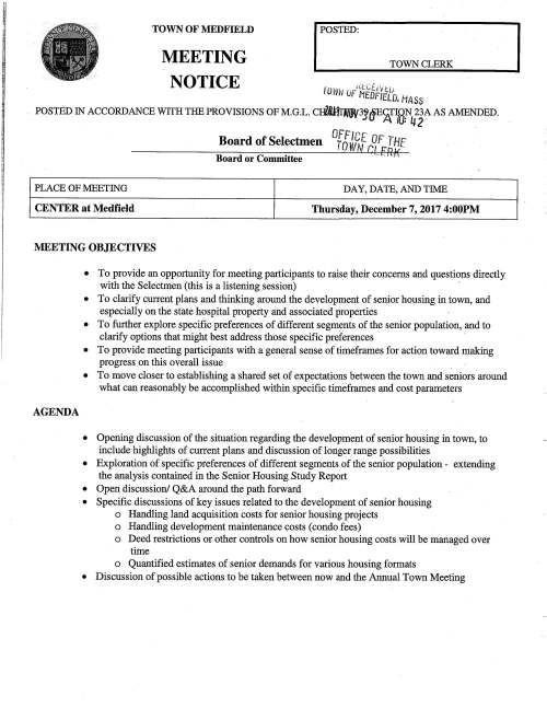 TOWN OF MEDFIELD MEETING NOTICE I POSTED: TOWN CLERK fOWJJ ·r'lf:U.i'ttu I u MEDFIELD. NASS POSTED IN ACCORDANCE WITH THE PROVISIONS OF M.G.L. cliaftrRJN3JfjE