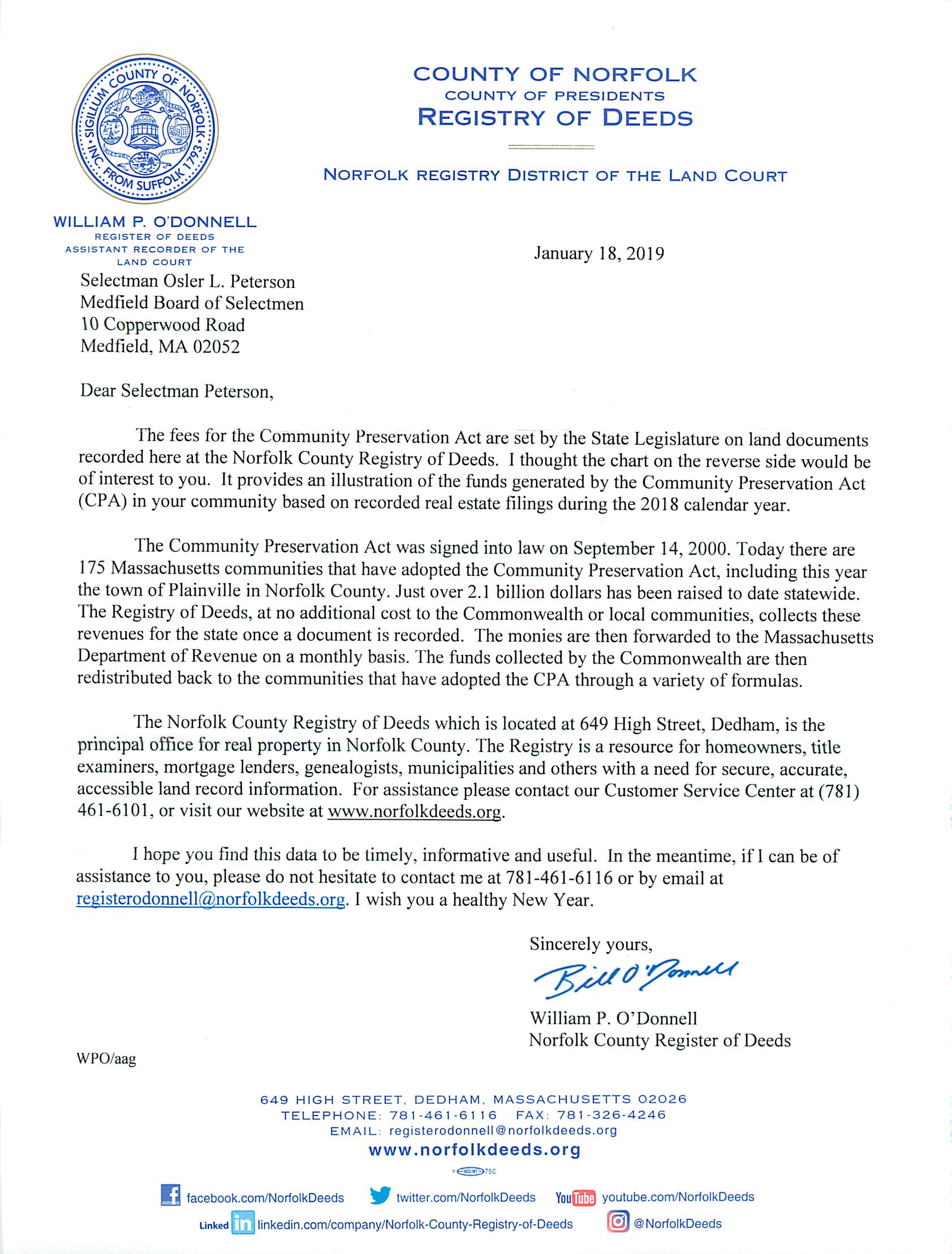 WILLIAM P. ODONNELL REGISTER OF DEEDS ASSISTANT RECORDER OF THE LAND COURT Selectman Osler L. Peterson Medfield Board of Selectmen  0 Copperwood Road Medfield, MA 02052 Dear Selectman Peterson, COUNTY OF NORFOLK COUNTY OF PRESIDENTS REGISTRY OF DEEDS NORFOLK REGISTRY DISTRICT OF THE L AND C O URT January 18, 2019 The fees for the Community Preservation Act are set by the State Legislature on land documents recorded here at the Norfolk County Registry of Deeds. l thought the chart on the reverse side would be of interest to you. It provides an illustration of the funds generated by the Community Preservation Act (CPA) in your community based on recorded real estate filings during the 2018 calendar year. The Community Preservation Act was signed into law on September 14, 2000. Today there are 175 Massachusetts communities that have adopted the Community Preservation Act, including this year the town of Plainville in Norfolk County. Just over 2.1 billion dollars has been raised to date statewide. The Registry of Deeds, at no additional cost to the Commonwealth or local communities, collects these revenues for the state once a document is recorded. The monies are then forwarded to the Massachusetts Department of Revenue on a monthly basi s. The funds collected by the Commonwealth are then redistributed back to the communities that have adopted the CPA through a variety of formulas. The Norfolk County Registry of Deeds which is located at 649 High Street, Dedham, is the principal office for real property in Norfolk County. The Registry is a resource for homeowners, title examiners, mortgage lenders, genealogists, municipalities and others with a need for secure, accurate, accessible land record information. For assistance please contact our Customer Service Center at (781) 461-6101 , or visit our website at www.norfolkdeeds.org. J hope you find this data to be timely, informative and useful. In the meantime, if I can be of assistance to you, please do not hesitate to contact me at 781-461-6116 or by email at registerodonnell@norfolkdeeds.org. I wish you a healthy New Year. WPO/aag Sincerely yours, "P~(}p~ William P. O'Donnell Norfolk County Register of Deeds 649 HIGH STREET. DEDHAM. MASSACHUSETTS 02026 TELEPH ONE : 781 ·46 I · 61 16 FAX 78 1 ·326·4246 EM A I L : registerodonnell@norlolkdeeds.org www .norfolkdeeds.org •~7SC ~ facebook.com/NorfolkDeeds ~ twitter.com/NorfolkDeeds YouiD youtube.com/NorfolkDeeds Linked rm linkedin.com/company/Norfolk·County·Registry·Of·Deeds (.@) @NorfolkDeeds NORFOLK COUNTY REGISTRY OF DEEDS •I COMMUNITY PRESERVATION ACT (CPA) SURCHARGES BY TOWN FOR CALENDAR YEAR 2018 TOWN TOTAL AVON $1~,450 BF.I ,IJNGHAM $66,660 BRAINTREE $112,570 BROOKLINE $150,350 CANTON $86,090 COHASSET $39,420 DEDHAM $83,650 DOVER $23,650 , FOXBOROUGH $58,270 FRANKLIN $110,350 •( HOLBROOK . $40,100 MEDFIET,n $44,150 MEDWAY $47,000 MILLIS $31,420 MILTON $86,060 NEEDHAM $103,370 NORFOLK $40,980 NORWOOD $80,170 PLAINVILLE $29,560 QUINCY $244,110 RANDOLPH $100,420 SHARON $56,740 STOUGHTON $96,000 WALPOLE $88,710 WELLESLEY $87,090 WESTWOOD $51,890 WEYMOUTH $200,460 WRENTHAM $47,530 II :''