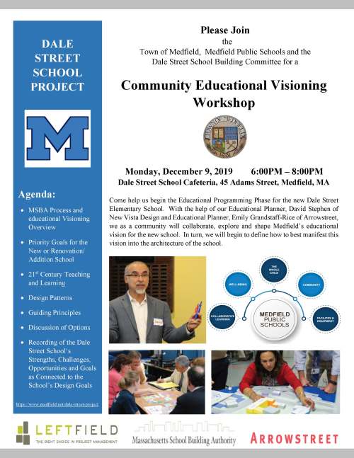 Please Join the Town of Medfield, Medfield Public Schools and the Dale Street School Building Committee for a Community Educational Visioning Workshop Monday, December 9, 2019 6:00PM – 8:00PM Dale Street School Cafeteria, 45 Adams Street, Medfield, MA Come help us begin the Educational Programming Phase for the new Dale Street Elementary School. With the help of our Educational Planner, David Stephen of New Vista Design and Educational Planner, Emily Grandstaff-Rice of Arrowstreet, we as a community will collaborate, explore and shape Medfield’s educational vision for the new school. In turn, we will begin to define how to best manifest this vision into the architecture of the school. DALE STREET SCHOOL PROJECT Agenda:  MSBA Process and educational Visioning Overview  Priority Goals for the New or Renovation/ Addition School  21st Century Teaching and Learning  Design Patterns  Guiding Principles  Discussion of Options  Recording of the Dale Street School‘s Strengths, Challenges, Opportunities and Goals as Connected to the School’s Design Goals https://www.medfield.net/dale-street-project