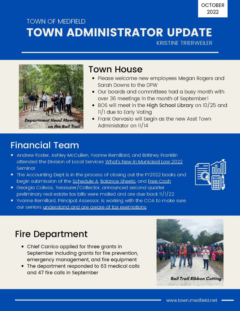 Town 
www.town.medfield.net
Please welcome new employees Megan Rogers and
Sarah Downs to the DPW
Our boards and committees had a busy month with
over 36 meetings in the month of September!
BOS will meet in the High School Library on 10/25 and
11/1 due to Early Voting
Frank Gervasio will begin as the new Asst Town
Administator on 11/14
Town House
Andrew Foster, Ashley McCullen, Yvonne Remillard, and Brittney Franklin
attended the Division of Local Services What's New in Municipal Law 2022
Seminar
The Accounting Dept is in the process of closing out the FY2022 books and
begin submission of the Schedule A, Balance Sheets, and Free Cash
Georgia Colivas, Treasurer/Collector, announced second quarter
preliminary real estate tax bills were mailed and are due back 11/1/22
Yvonne Remillard, Principal Assessor, is working with the COA to make sure
our seniors understand and are aware of tax exemptions
Chief Carrico applied for three grants in
September including grants for fire prevention,
emergency management, and fire equipment
The department responded to 63 medical calls
and 47 fire calls in September
Fire Department
TOWN OF MEDFIELD
TOWN ADMINISTRATOR UPDATE
OCTOBER
2022
KRISTINE TRIERWEILER
Department Head Meeting
on the Rail Trail
Financial Team
Rail Trail Ribbon CuttingAdministrator, Kristine Trierweiler

www.town.medfield.net
Brenda Healey, Public Health Nurse, has been
approved to offer COVID-19 Booster Clinics.
Updated clinic information can be found on the
BOH website
The BOH members and our Public Health Nurse
had a busy Medfield Day distributing goodie bags
and meeting residents
Board of Health
Never miss a meeting again! Sign up for
emails/texts from your favorite boards and
committees
Sign up for important alerts from the Town
Are you signed up for notifications?
Medfield Day 2022
Town Clerk
Land Use Department
We are seeking a new part time administrative
assistant for the department
Sarah Raposa, Town Planner, has applied for
three grants this month including accessibility,
infrastructure, and a tree inventory grant!
Marion Bonoldi, Town Clerk, reports that the
Primary Election was a success! 24.6% of the
vote was captured with Vote by Mail and Inperson
Voting
Please welcome Tracey Klenk as the new part
time Assistant Town Clerk. Tracey also serves
as the Election Warden
Are you interested in serving on the next
School Building Committee?
The application is now live and can be
completed online
Deadline to apply is Tue, Nov, 1, 2022