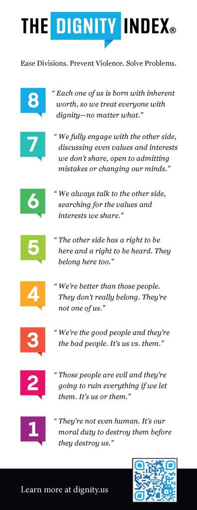 Building Skills
for Dignified
Disagreement
Honoring someone’s dignity can be difficult,
especially when situations get heated. Follow these
steps when stress rises – and join the movement
with others working to ease divisions, prevent
violence, and solve problems by choosing dignity
over contempt.
Be curious, not furious
When there is a disagreement, approach it with
curiosity, using language that invites dialogue.
Regulate then debate
When you start to get upset, pause and take a
breath before speaking.
Challenge ideas,
don’t attack people
Speak your truth but do it with dignity.
Acknowledge knowledge
When someone else makes a logical or
interesting point, acknowledge their point.
Build up rather than tear down
Advocate, explain, and build up your idea
rather than just attacking others’ ideas and/or
dehumanizing people.
Listen to understand,
not to respond
Really listen to the other person and consider
summarizing briefly what you heard.
Credit: R. Keeth Matheny
Each one of us is born with inherent
worth, so we treat everyone with
dignity—no matter what.”
“
We fully engage with the other side,
discussing even values and interests
we don’t share, open to admitting
mistakes or changing our minds.”
“
We always talk to the other side,
searching for the values and
interests we share.”
“
The other side has a right to be
here and a right to be heard. They
belong here too.”
“
We’re better than those people.
They don’t really belong. They’re
not one of us.”
“
We’re the good people and they’re
the bad people. It’s us vs. them.”
“
Those people are evil and they’re
going to ruin everything if we let
them. It’s us or them.”
“
They’re not even human. It’s our
moral duty to destroy them before
they destroy us.”
“
Lea rn mo re at dignity.us
Ease Divisions. Prevent Violence. Solve Problems.
Each one of us is born with inherent
worth, so we treat everyone with
dignity—no matter what.”
“
We fully engage with the other side,
discussing even values and interests
we don’t share, open to admitting
mistakes or changing our minds.”
“
We always talk to the other side,
searching for the values and
interests we share.”
“
The other side has a right to be
here and a right to be heard. They
belong here too.”
“
We’re better than those people.
They don’t really belong. They’re
not one of us.”
“
We’re the good people and they’re
the bad people. It’s us vs. them.”
“
Those people are evil and they’re
going to ruin everything if we let
them. It’s us or them.”
“
They’re not even human. It’s our
moral duty to destroy them before
they destroy us.”
“
Lea rn mo re at dignity.us
Ease Divisions. Prevent Violence. Solve Problems.
Learn more at dignity.us